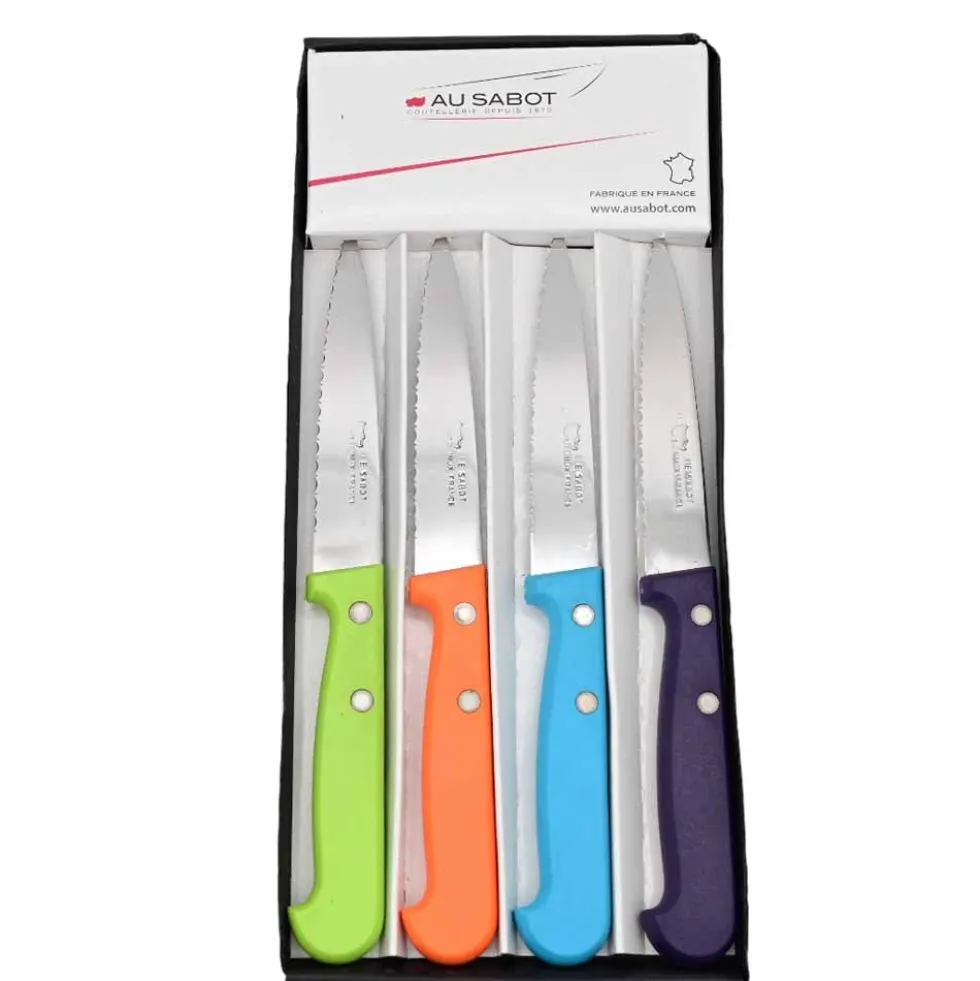 Coffret 4 Couteaux d'Office à lame crantée avec Manches Plastique de Couleur - Au Sabot