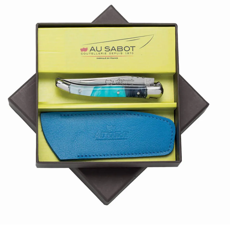 Couteau Pliant Laguiole avec Etui en Cuir Bleu OFFERT - Au Sabot