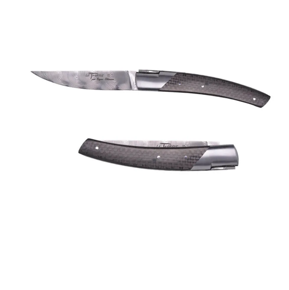 Couteau pliant Le Thiers Damas Fibre Carbone avec Etui en cuir OFFERT - GOYON-CHAZEAU
