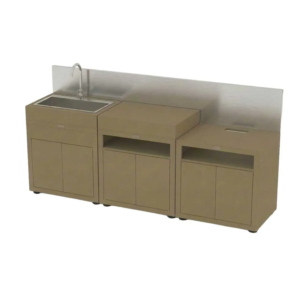 Cuisine 3 Eléments Taupe avec crédence inox - LE MARQUIER