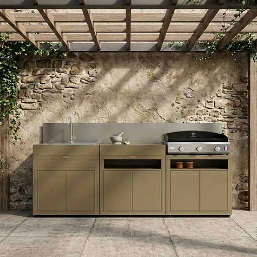 Cuisine 3 Eléments Taupe avec crédence inox - LE MARQUIER